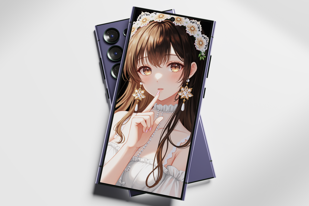 主题: 穿白色洛丽塔服饰的女孩，主体: 女孩穿着精致的白裙，头戴蕾丝花环，手指轻点镜头前，风格: 细腻柔和的艺术风，色调温暖明亮，人物面部细节刻画细致生动，构图: 中景近拍女孩上半身与手部动作，突出脸部表情和服装装饰，光影: 背光照明营造出柔美的轮廓阴影，背景纯黑突显主角。-奈落语