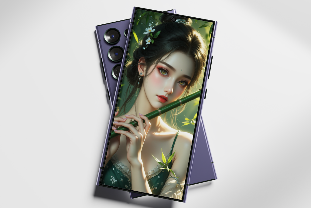 主题: 绿意盎然的竹笛少女，主体: 女孩手持翠绿竹笛，眼神温柔专注地吹奏，-奈落语