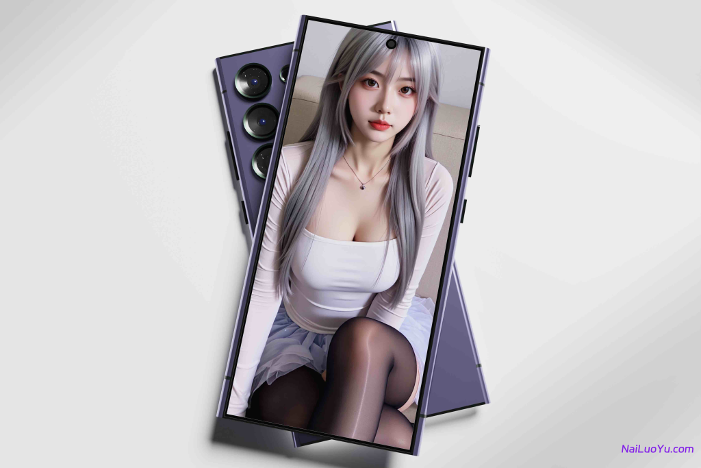 一个极其娇嫩漂亮的东方美少女，照片，壁纸，极其美丽的眼镜，柳叶眉，精致的五官，东方面容，一袭银发，长腿，黑丝，胸，全身写真，细节刻画，绝美，最美的画面，超细腻-奈落语