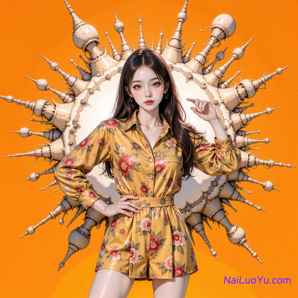 超现实主义的构图，一个贝壳在模型周围爆炸，绽放出艺术和高能的视觉冲击
