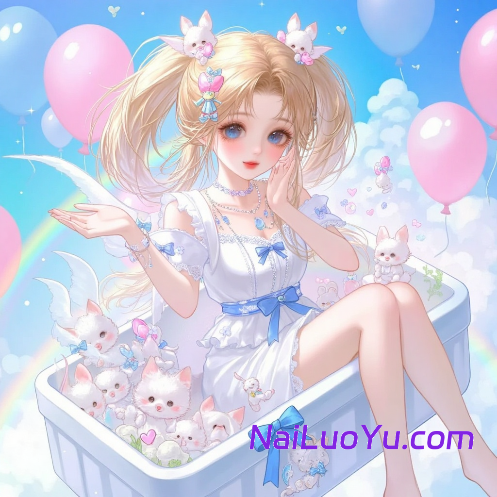 一个梳着金色双马尾辫的女孩，戴着可爱的兔毛夹和心形装饰品