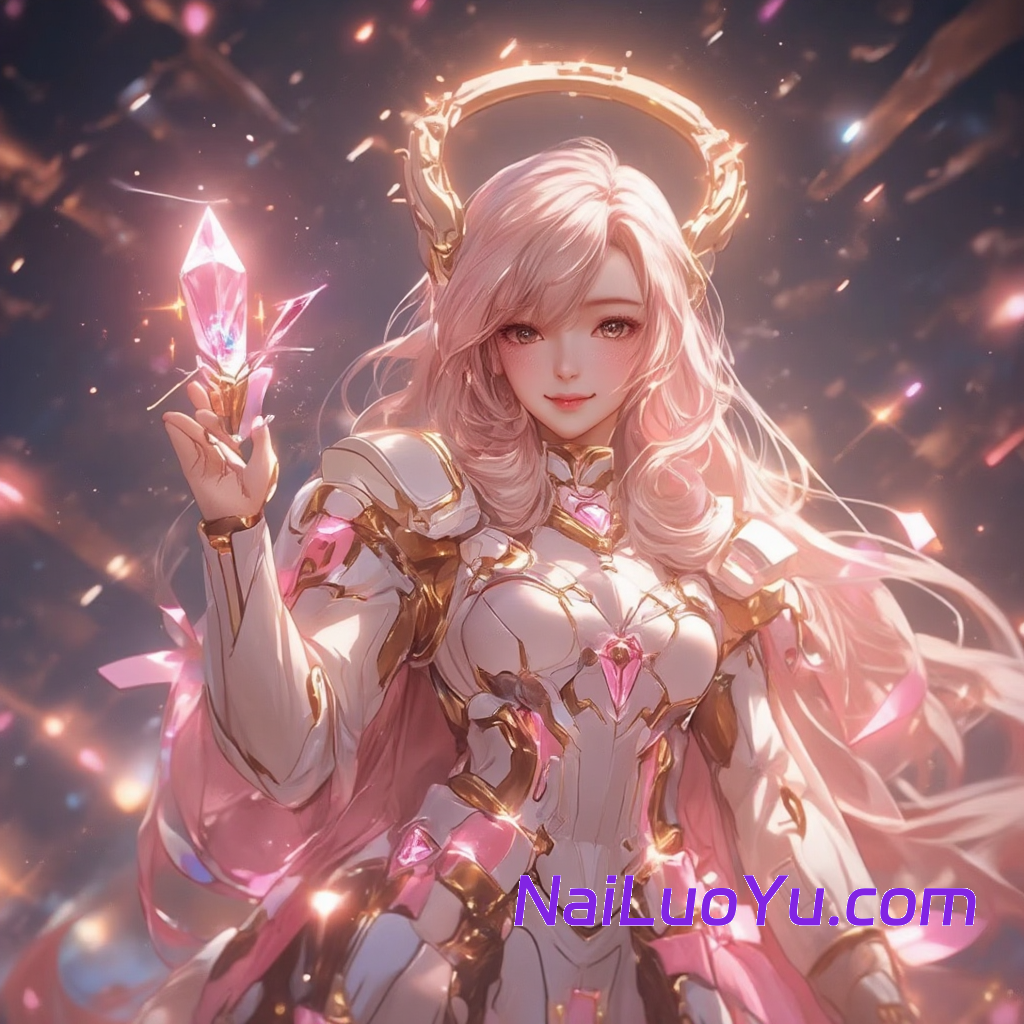 一个全身的魔法女孩，手里拿着一根水晶魔杖，上面有漂浮的丝带，头上有一个螺旋形的能量光环，闪耀着耀眼的光芒，头发轻轻飘动